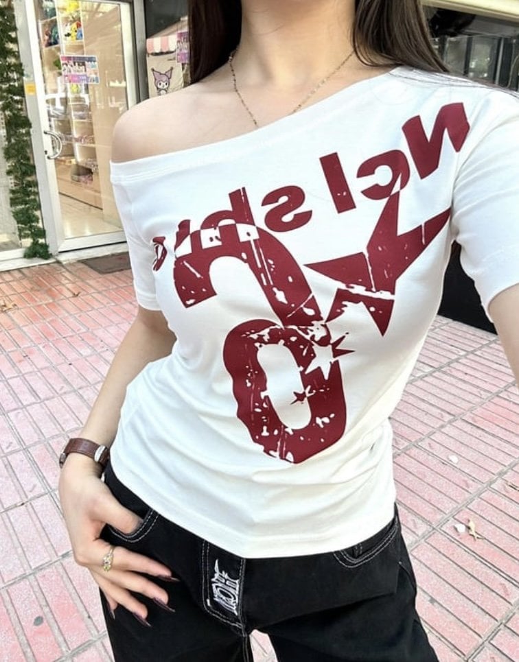 Beyaz Nclshior 6 Y2K Kısa Kollu Crop