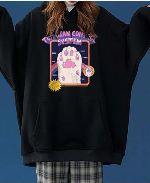 Toe Bean Control System Baskılı Siyah Unisex Oversize Kapüşonlu Sweatshirt