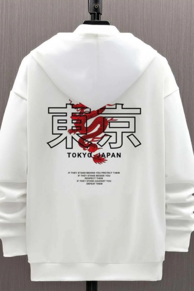 Tokyo Baskılı Kapşonlu Beyaz Sweatshirt