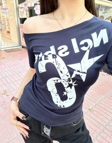 Lacivert Nclshior 6 Y2K Kısa Kollu Crop