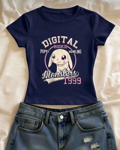 Dıgıtal Rookie Monsters 1999 Baskılı Lacivert Kemer Boy Y2K Kısa Kollu Crop
