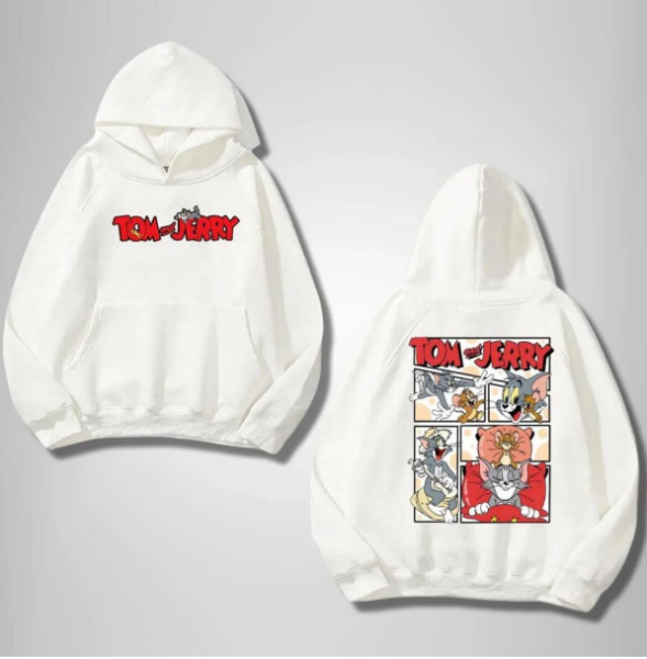 Tom & Jerry Ön Arka Baskılı Beyaz Kapşonlu Sweatshirt