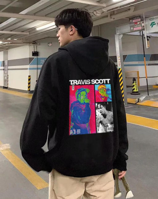 Travis Scott Baskılı Siyah Unisex Oversize Kapüşonlu Sweatshirt