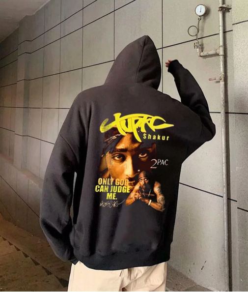 Tupac Shakur Baskılı Siyah Unisex Oversize Kapüşonlu Sweatshirt