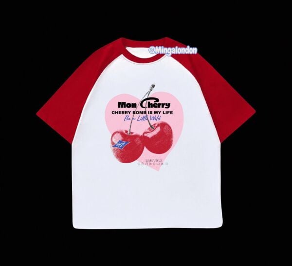 Kırmızı Reglan Kol Mon Cherry Baskılı T-Shirt