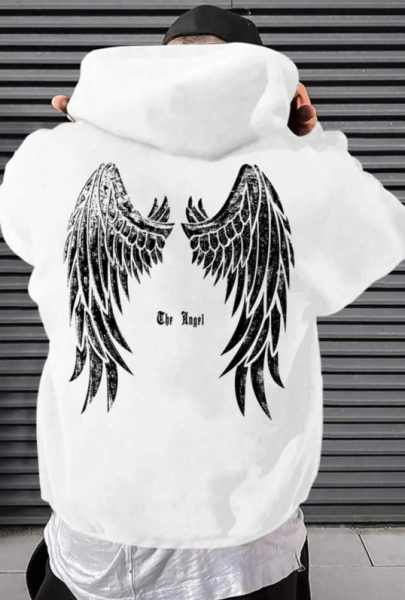 Unisex Angel Sırt Baskılı Kapşonlu Beyaz Sweatshirt