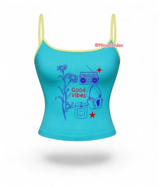 Mavi Good Vibes Baskı Askılı Crop