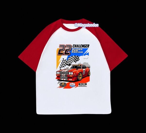 Kırmızı Reglan Kol 22 Chalenger Super Car Racıng Baskılı T-Shirt