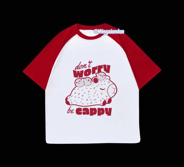 Kırmızı Reglan Kol Don't Worry Be Cappy Baskılı T-Shirt