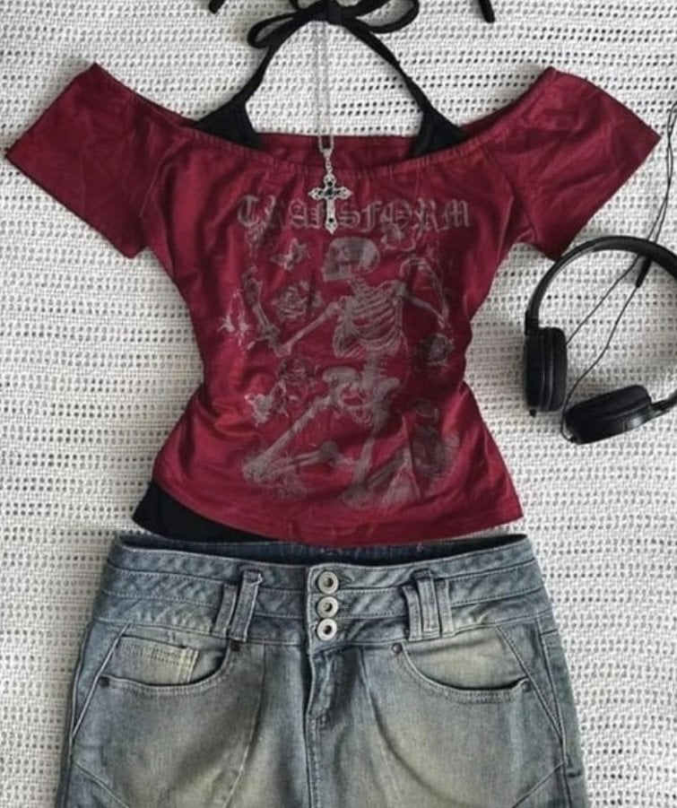 Bordo İskelet Baskılı Boyundan Bağlama Crop