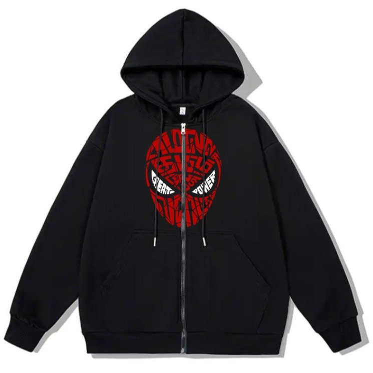 Spider-Man Head Baskılı Oversize Fermuarlı Siyah Unisex Kapüşonlu Hırka