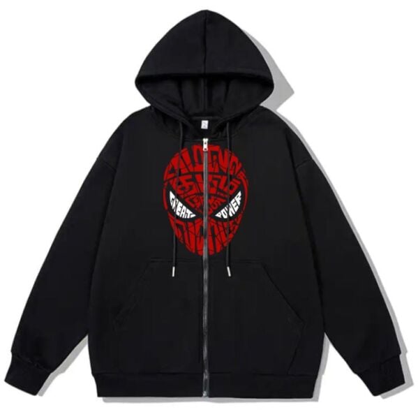 Spider-Man Head Baskılı Oversize Fermuarlı Siyah Unisex Kapüşonlu Hırka