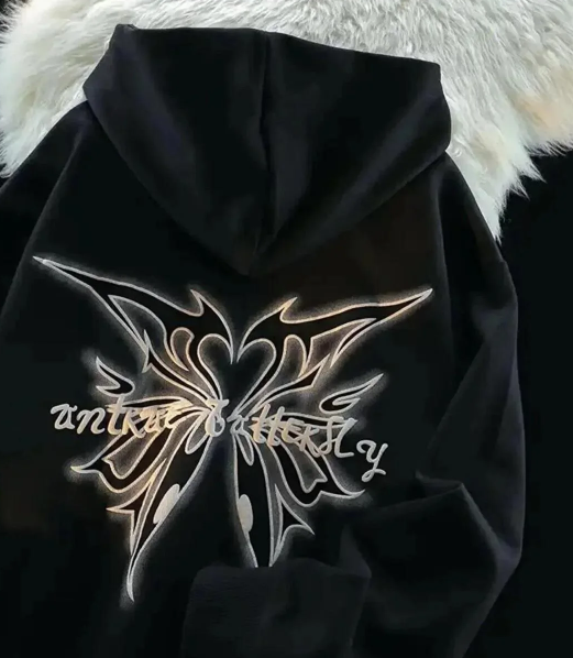Y2k Butterfly Sırt Baskılı Oversize Unisex Siyah Kapşonlu Hoodie Sweatshirt
