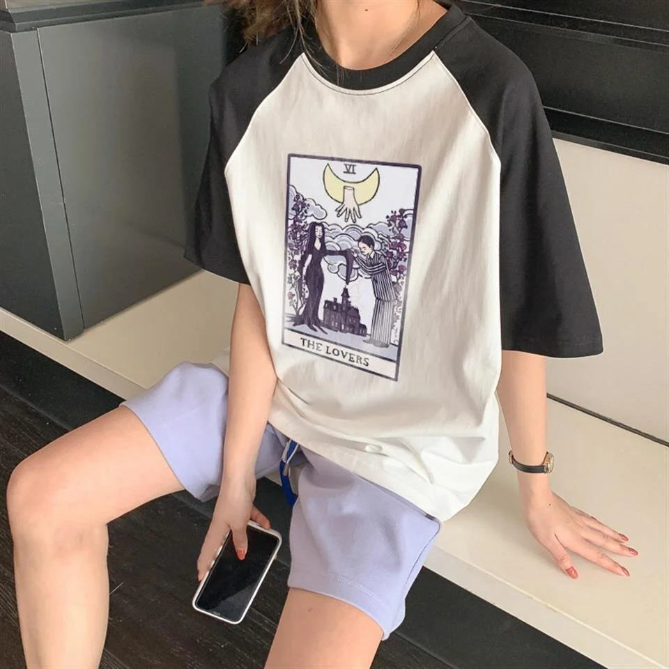 Tarot 'The Lovers' Baskılı Reglan Kol Beyaz Unisex Oversize T-shirt