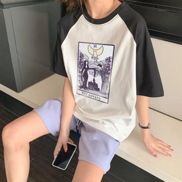 Tarot 'The Lovers' Baskılı Reglan Kol Beyaz Unisex Oversize T-shirt