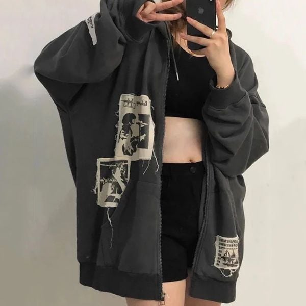 Punk Distressed Appliques Hoodie Jacket