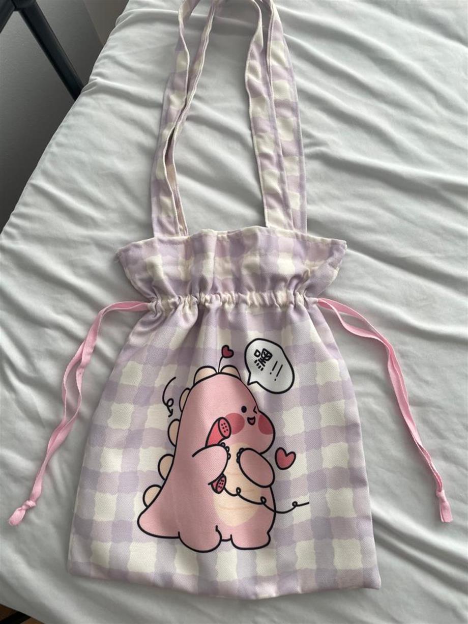 Kawaii Pink Dino Büzgülü Bez Çanta