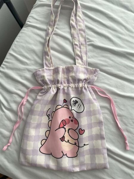 Kawaii Pink Dino Büzgülü Bez Çanta