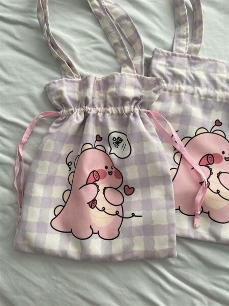 Kawaii Pink Dino Büzgülü Bez Çanta