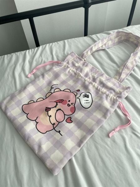 Kawaii Pink Dino Büzgülü Bez Çanta