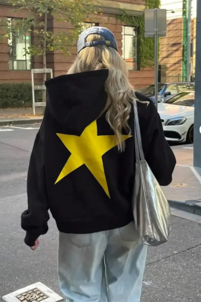 Y2k Star Baskılı Siyah Kapşonlu Sweatshirt