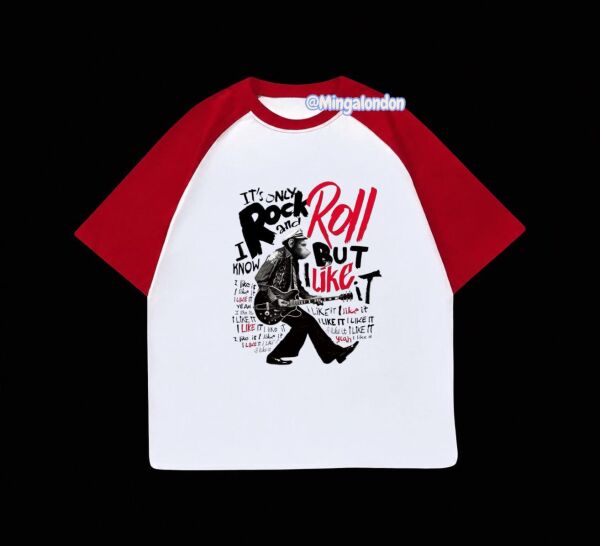 Kırmızı Reglan Kol Rock And Roll But Lıke Baskılı T-Shirt