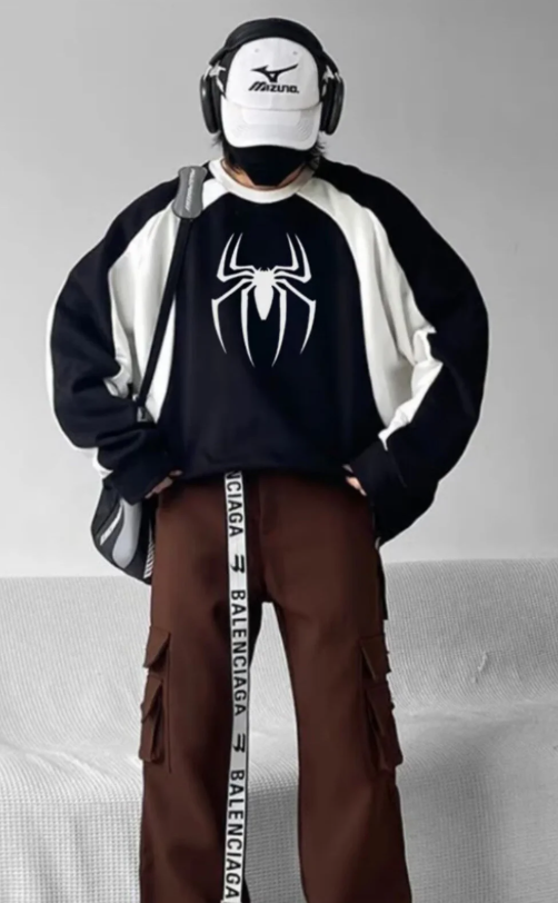 Y2K Streetwear Spider Baskılı Siyah Unisex Oversize Bisiklet Yaka Sweatshirt