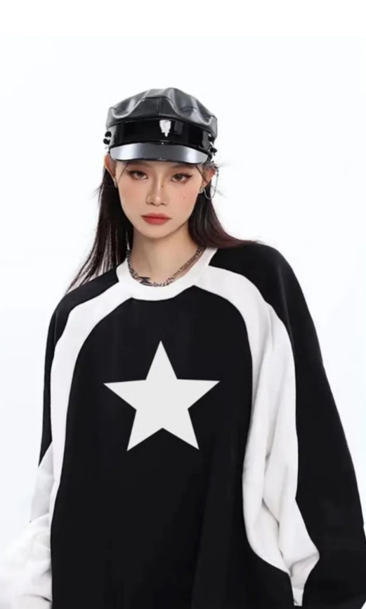 Y2K Streetwear Star Baskılı Siyah Unisex Oversize Bisiklet Yaka Sweatshirt