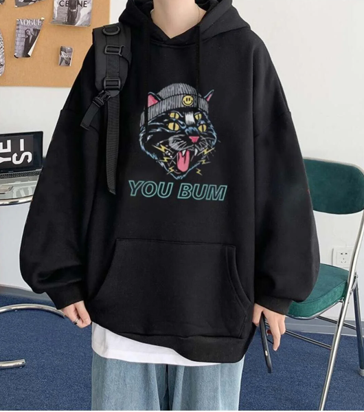 You Bum Cat Baskılı Siyah Unisex Oversize Kapüşonlu Sweatshirt