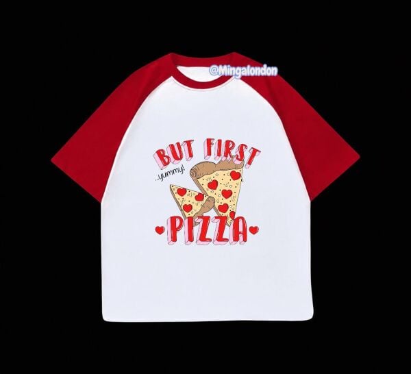 Kırmızı Reglan Kol But Fırst Pızza Baskılı T-Shirt