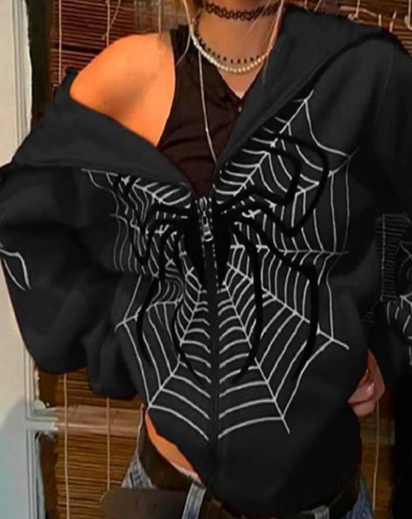 Allover Spider Web Kapüşonlu Fermuarlı Oversize Siyah Hırka