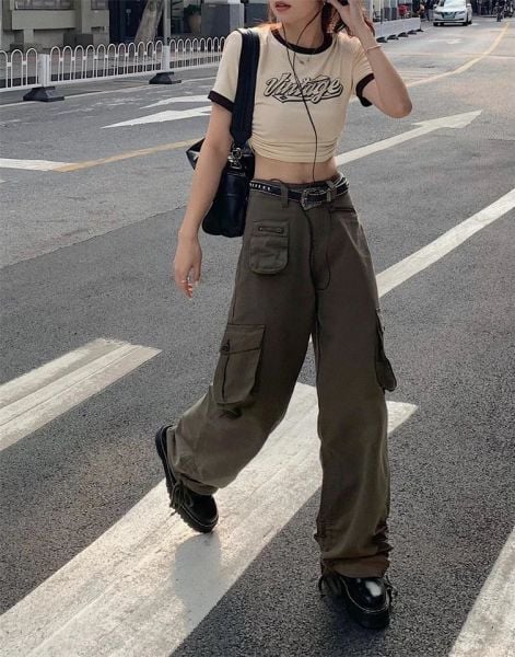 Y2K Vintage Haki Geniş Paça Kargo Pantolon (Unisex)