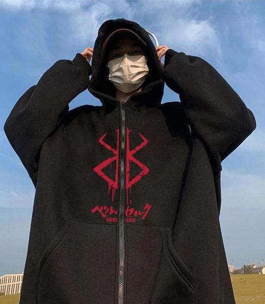 Berserk Logo Baskılı Oversize Fermuarlı Siyah Unisex Kapüşonlu Hırka