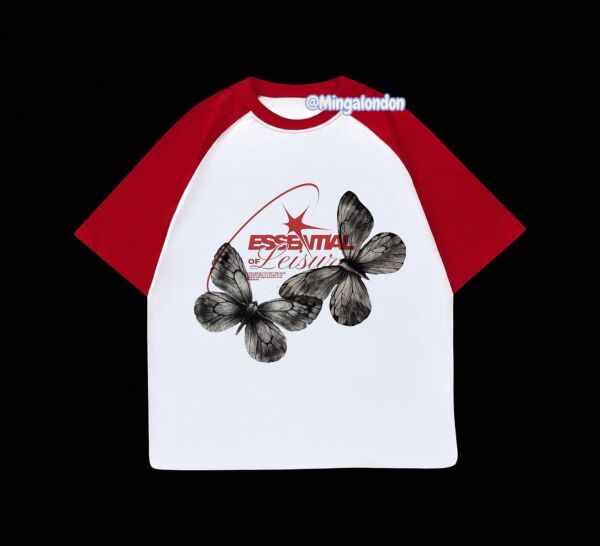 Kırmızı Reglan Kol Essentıal Of Leısur Kelebek Baskılı T-Shirt