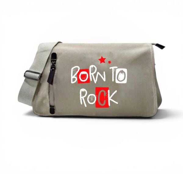 Bej Born To Rock Baskılı Postacı Çanta