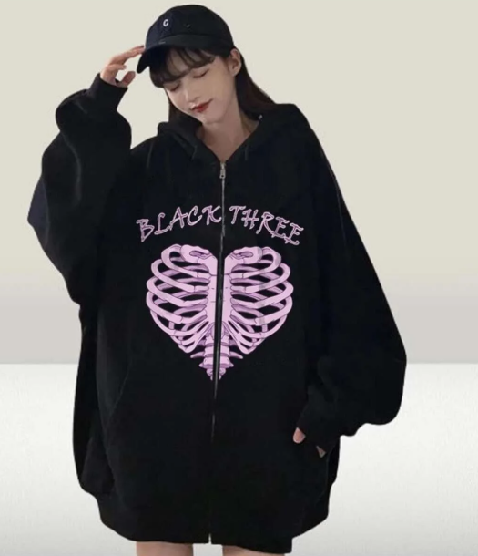 Black Three Cage Heart Baskılı Oversize Fermuarlı Siyah Unisex Kapüşonlu Hırka