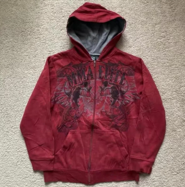 Chouze  Kırmızı Skulls MMA Elite Cyber Grunge Fermuarlı Kapüşonlu Sweatshirt