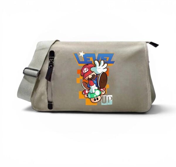 Bej Level Up Mario Baskılı Postacı Çanta