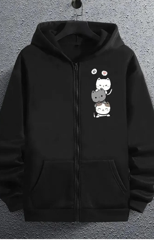 Cute Cat Baskılı Oversize Fermuarlı Siyah Unisex Kapüşonlu Hırka
