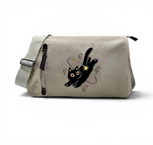 Bej Black Cat Baskılı Postacı Çanta
