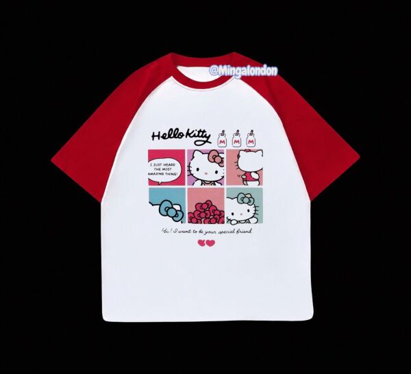 Kırmızı Reglan Kol Hello Kıtty Ve Arkadaşları Baskılı T-Shirt