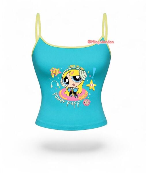 Mavi Power Puff Baskı Askılı Crop