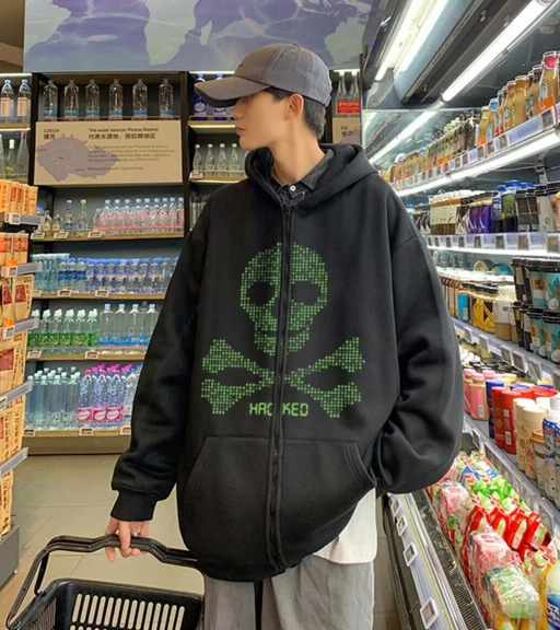 Hacked Baskılı Oversize Fermuarlı Siyah Unisex Kapüşonlu Hırka