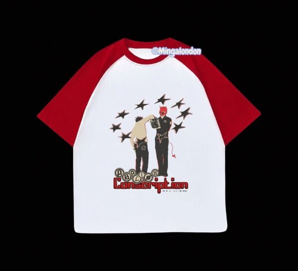 Kırmızı Reglan Kol Conscription Baskılı T-Shirt