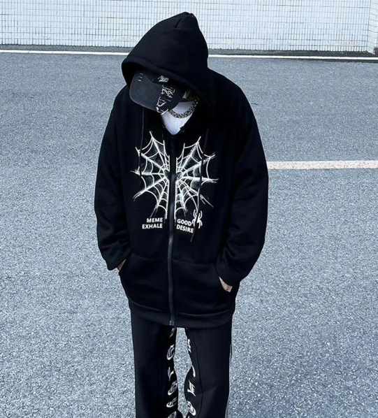Heart Spider Web Baskılı Oversize Fermuarlı Siyah Unisex Kapüşonlu Hırka