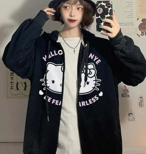 Hello Kanye Be Fearless Baskılı Oversize Fermuarlı Siyah Unisex Kapüşonlu Hırka