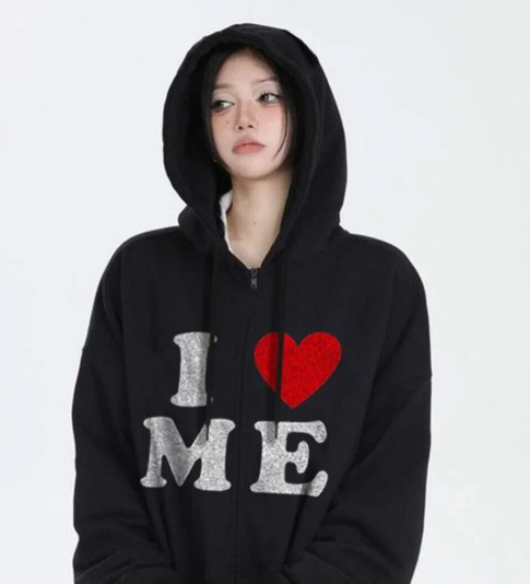 I Love Me Baskılı Oversize Fermuarlı Siyah Unisex Kapüşonlu Hırka