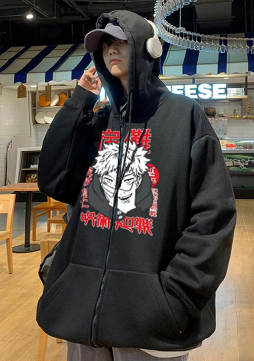 Jujutsu Kaisen Poster Baskılı Oversize Fermuarlı Siyah Unisex Kapüşonlu Hırka