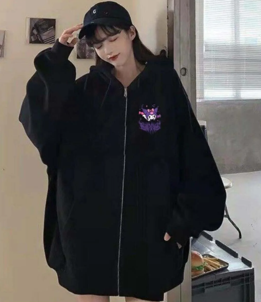 Kuromi Baskılı Oversize Fermuarlı Siyah Unisex Kapüşonlu Hırka