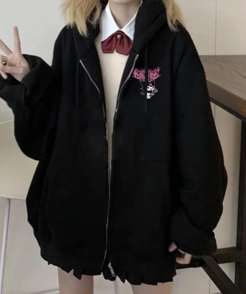 Kuromi Oversize Fermuarlı Siyah Unisex Kapüşonlu Hırka